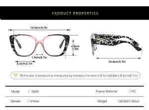 Tabella delle taglie per occhiali cat-eye con misure dettagliate e specifiche del materiale PC