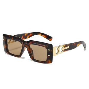 Retro tortoise rectangle sunglasses with gold chain temples and tinted brown lenses