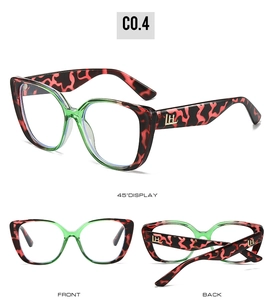 Vista da tre angolazioni di occhiali cat-eye oversize con motivo tartarugato rosso e verde