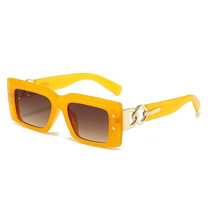Modern retro yellow rectangular thick frame sunglasses with brown gradient lenses