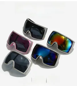 Detailed view of oversized square sunglasses with sparkling silver rhinestones in five colors