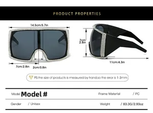 Size chart for oversized square sunglasses with crystal DIY rhinestones and PC frame