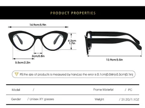 Detailed size chart for cat eye glasses with precise frame width and length measurements