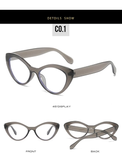Detail view of translucent grey cat-eye glasses with anti-blue light protective lenses
