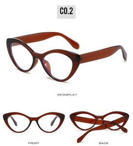 Detailed views of amber cat eye glasses frames showing front, back, and 45-degree angles