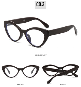 Three-view display of dark cat-eye glasses frame C0.3 showing front, side and back angles
