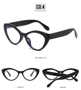 Three-angle view of black cat-eye eyeglass frames showing front, back, and 45-degree angles