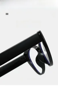 Detail of high-elasticity hinges and lightweight black frame construction on cat-eye glasses