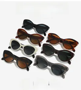 Flat lay of multiple colorful cat eye sunglasses featuring various trendy frames and finishes