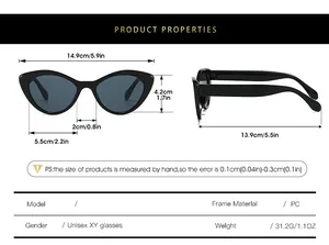 Detailed size guide for cat eye sunglasses with frame and lens dimensions in cm and inches