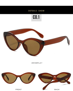 Detailed views of amber cat-eye sunglasses from front, back, and 45-degree angles