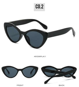 Detailed multi-angle views of black cat-eye sunglasses with polished wide frames