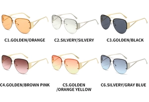 Detailed grid of aviator sunglasses in six colors with unique hollow metal temples