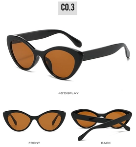 Multi-angle view of black cat-eye sunglasses with orange lenses showing front and back