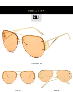 Three-angle view of aviator semi-rimless sunglasses with orange lenses and hollow gold frames