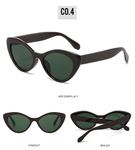 Three perspectives of retro cat eye sunglasses with dark brown frames and green lenses