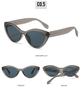Detailed views of translucent grey cat-eye sunglasses from front, side and back angles
