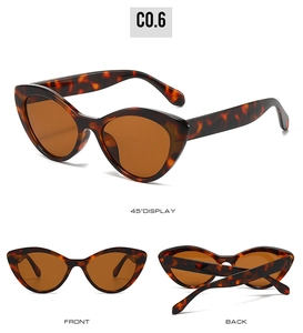 Three-way view of retro cat-eye sunglasses with tortoiseshell frame and brown lenses