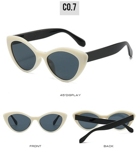 Detailed views of vintage cat-eye sunglasses featuring ivory frames and black temples