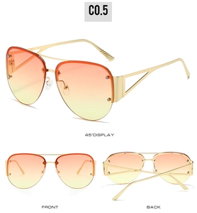 Three-view display of metallic aviator sunglasses with orange gradient lenses and gold frame