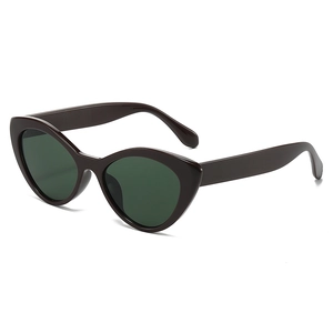 Modern cat-eye sunglasses with dark brown frames and green lenses in 45-degree view