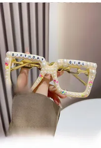 Detail of square Birthday Girl glasses with faux pearls and chain-link temples