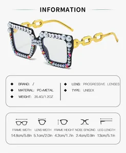 Detailed size chart for square Birthday Girl frames with pearl accents and chain temples