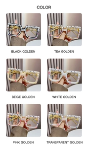 Detailed view of square Birthday Girl sunglasses with pearls in six vibrant colors