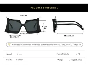 Detailed size chart and dimensions for these square frame oversized sunglasses