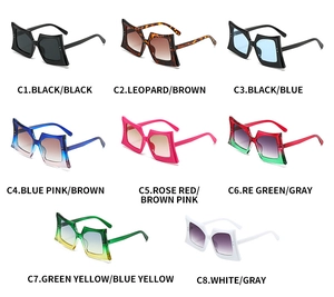 Detailed view of eight different color options for square frame hip-hop sunglasses