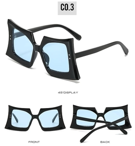 Three-angle detail of hip hop sunglasses with thick black frames and light blue lenses