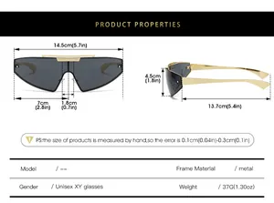 Size chart for punk shield sunglasses showing frame width and temple length in cm and inches