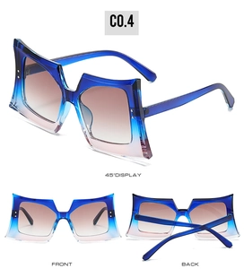 Multi-angle view of oversized geometric sunglasses with blue gradient frames and brown lenses