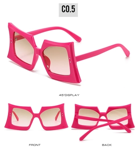 Three-view layout of hot pink geometric sunglasses with light brown gradient lenses