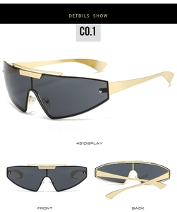Three-way display of gold punk shield sunglasses showing front, back, and 45-degree angles