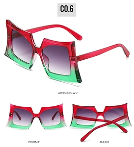 Detailed multi-angle views of oversized square gradient sunglasses with purple lenses