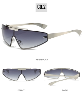 Multi-angle view of silver Y2K futuristic wrap sunglasses with grey gradient lenses