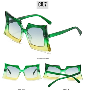 Detailed views of geometric square oversized sunglasses with green to yellow gradient frames