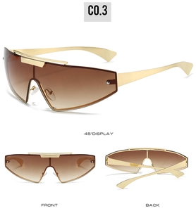 Three views of futuristic metal oversized wrap-around sunglasses with brown gradient lenses