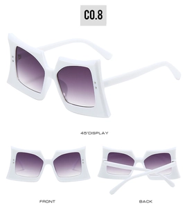 White geometric square sunglasses with purple gradient lenses and decorative rivet detail
