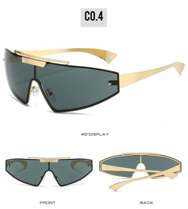 Three views of gold rimless wraparound sunglasses with dark lenses and streamlined arms