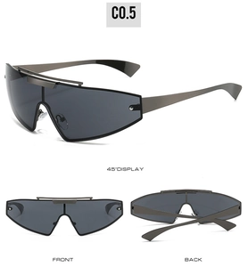 Three-angle view of punk futuristic wraparound sunglasses in dark grey lens and metal finish