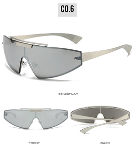 Three angles of silver futuristic rimless wraparound sunglasses with metallic finish