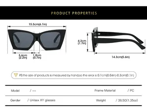 Size chart showing frame width and lens height for oversized cat eye sunglasses