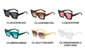 Detailed matrix view showing six color variations of oversized cat eye sunglasses frames