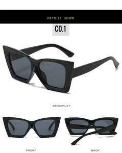 Detailed views showing front, back, and 45-degree angle of black cat eye sunglasses
