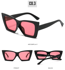 Three-angle view of vintage black cat-eye sunglasses with translucent pink lenses