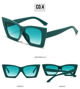 Detail view of dark green cat-eye sunglasses with gradient lenses in three angles
