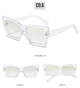 Detail view of transparent cat eye sunglasses showing front, back, and 45-degree angles