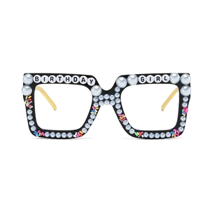 Birthday Girl Party Glasses Square Oversized Artificial Pearl PC Metal Chain Temple Hip Hop Birthday Party Props For Women